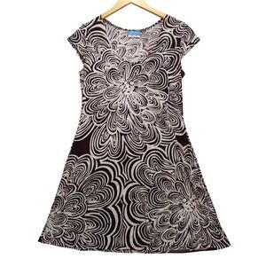 Dream Dance Mini Dress Women S Brown White Floral Swirl Cap Sleeve A-Line